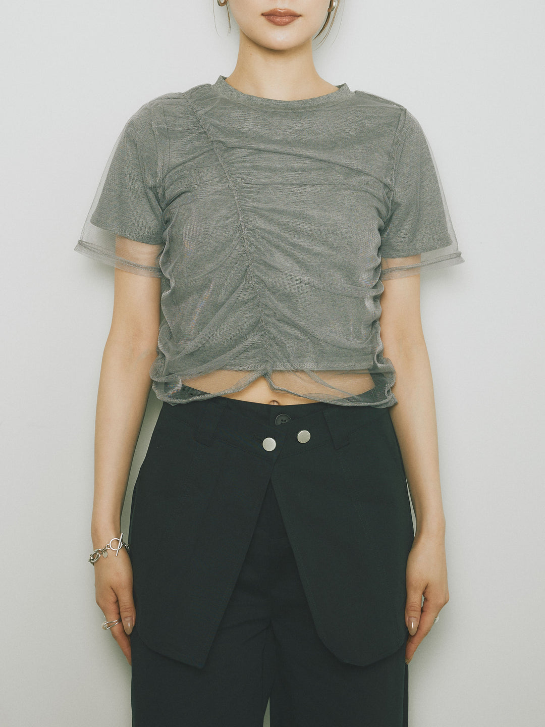 [予約]シャーリングチュールレイヤードTシャツ/グレー