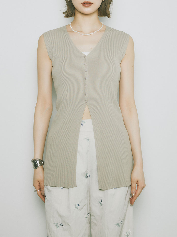 [予約]フロントスリットリブシェイプニットトップス/ベージュ