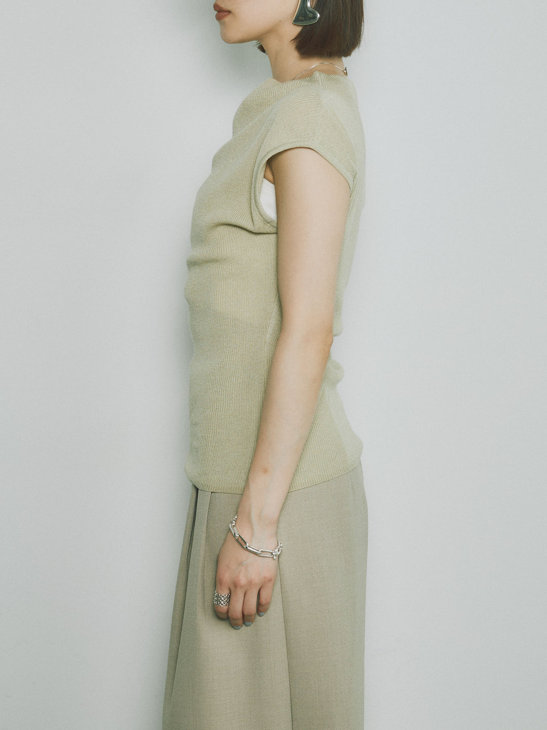 [予約]プチネックノースリーブリブニットトップス/ピスタチオ