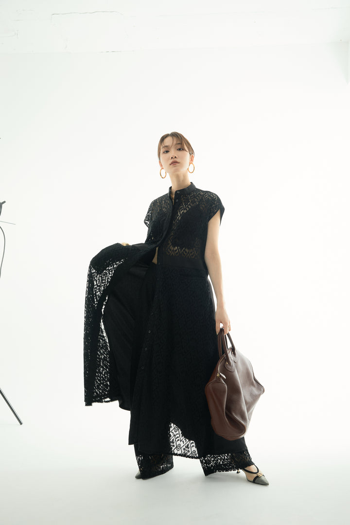 [予約]レースタックワイドパンツ/ブラック