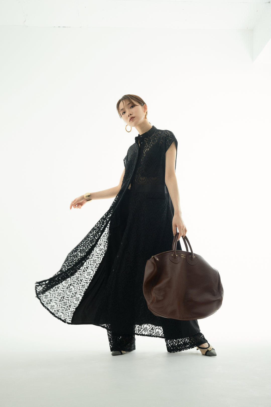 [予約]レースタックワイドパンツ/ブラック