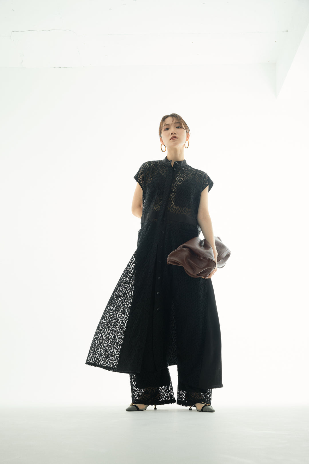 [予約]レースタックワイドパンツ/ブラック