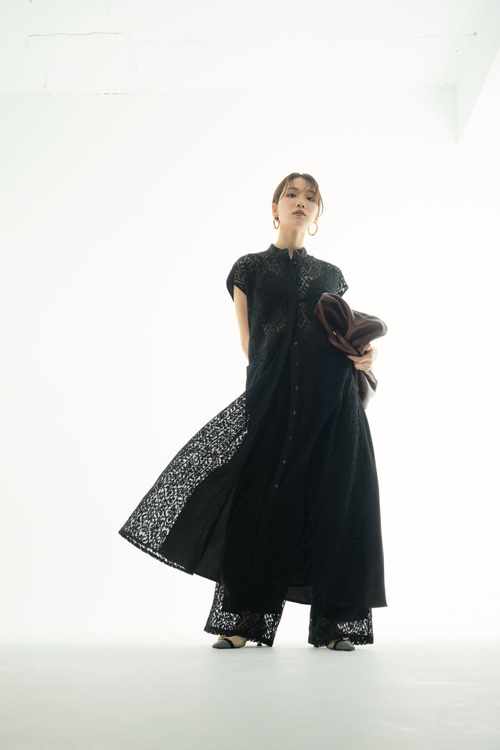 [予約]レースタックワイドパンツ/ブラック