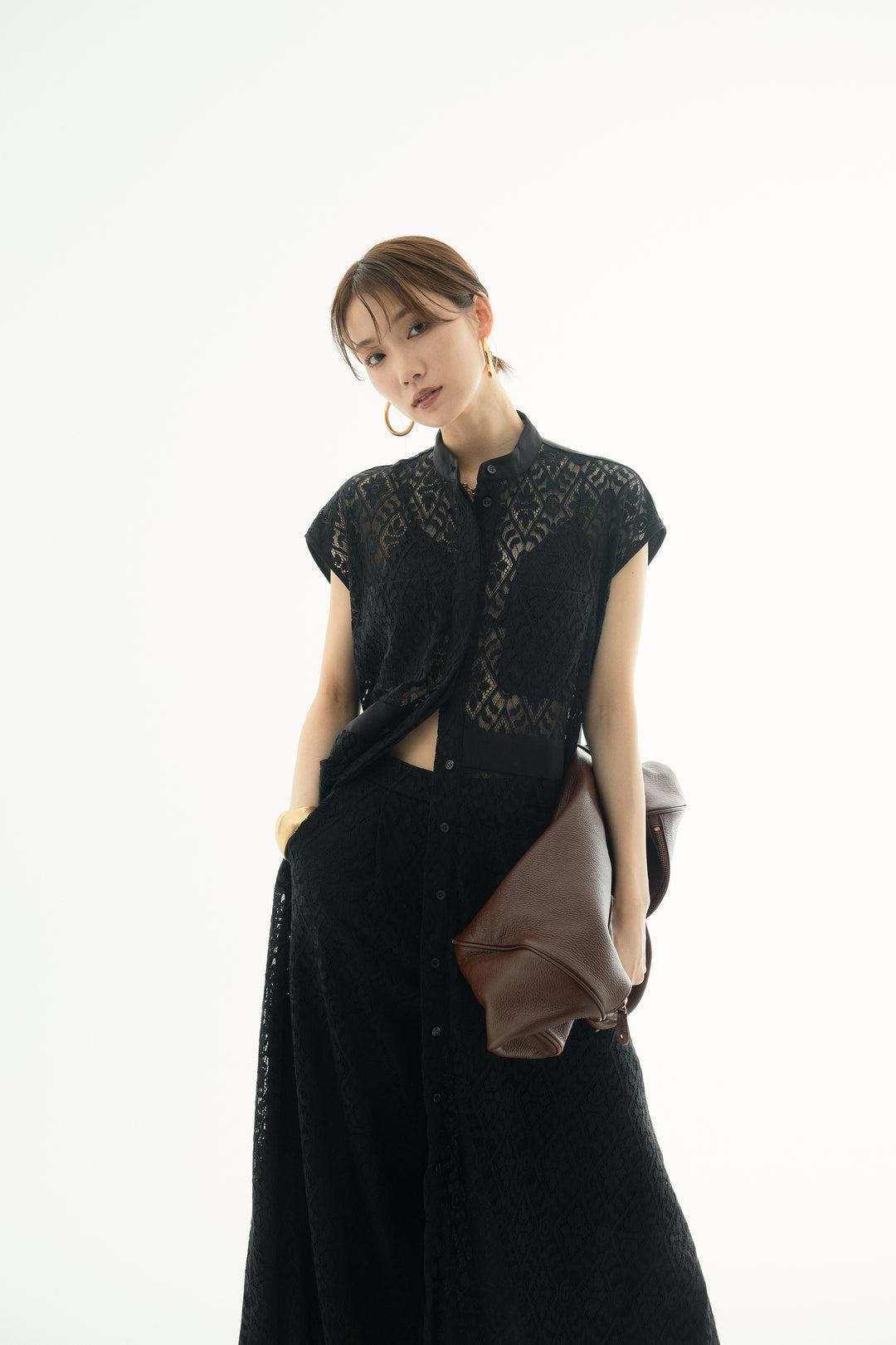 [予約]レースタックワイドパンツ/ブラック