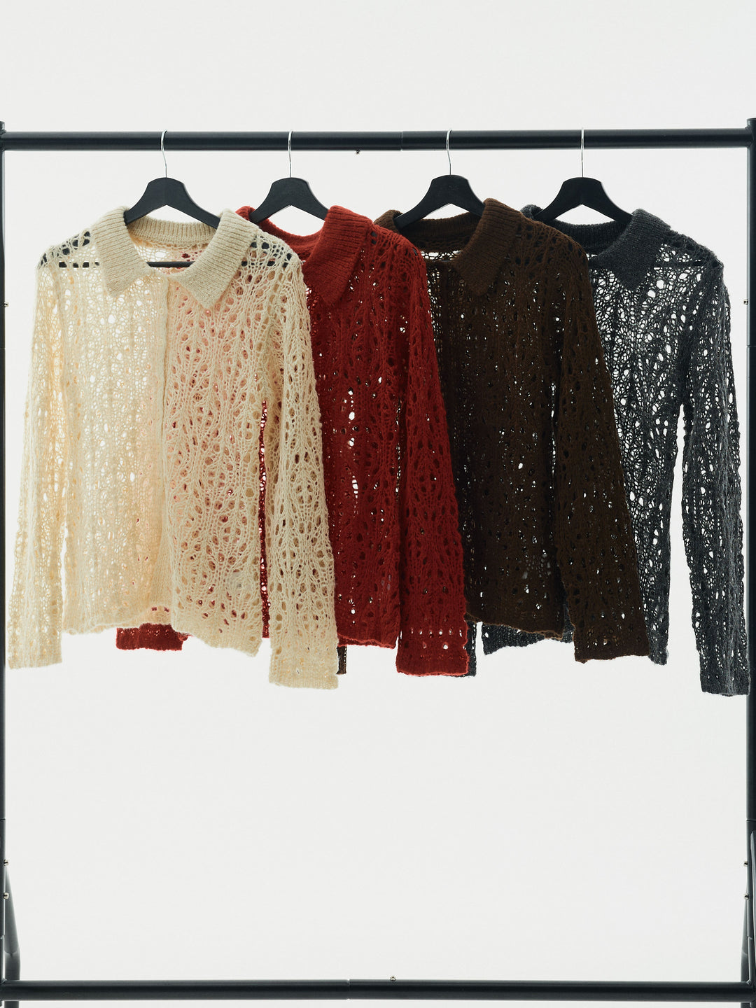 【Allure】[SET]ローゲージ透かし編みポロニッカーディガン+ラップデザインタックワイドパンツ(2set)