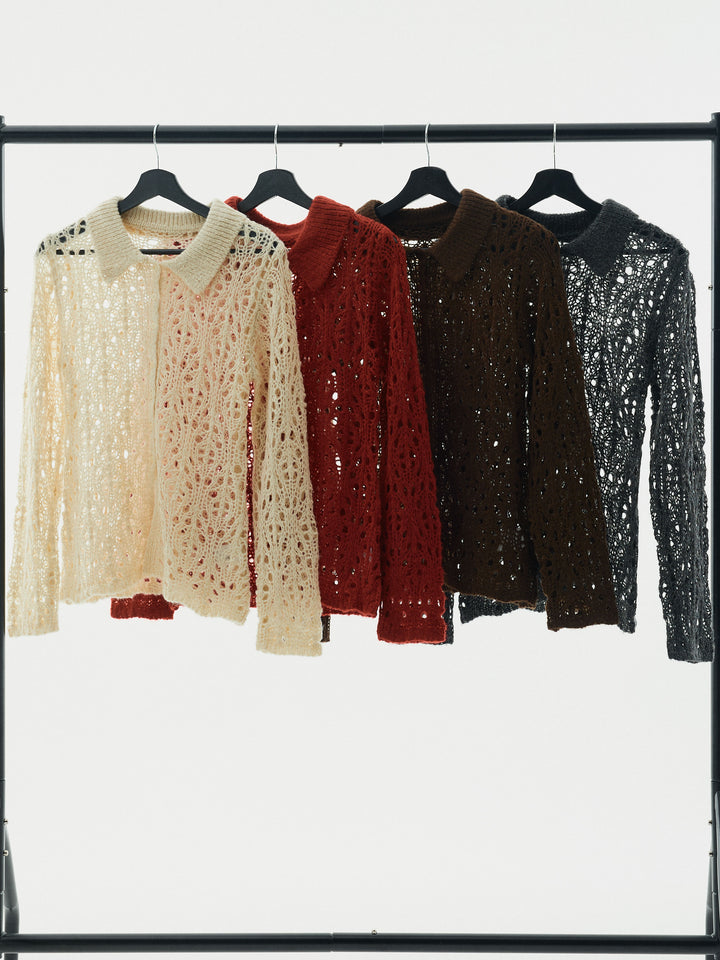 【Allure】[SET]ローゲージ透かし編みポロニッカーディガン+ラップデザインタックワイドパンツ(2set)