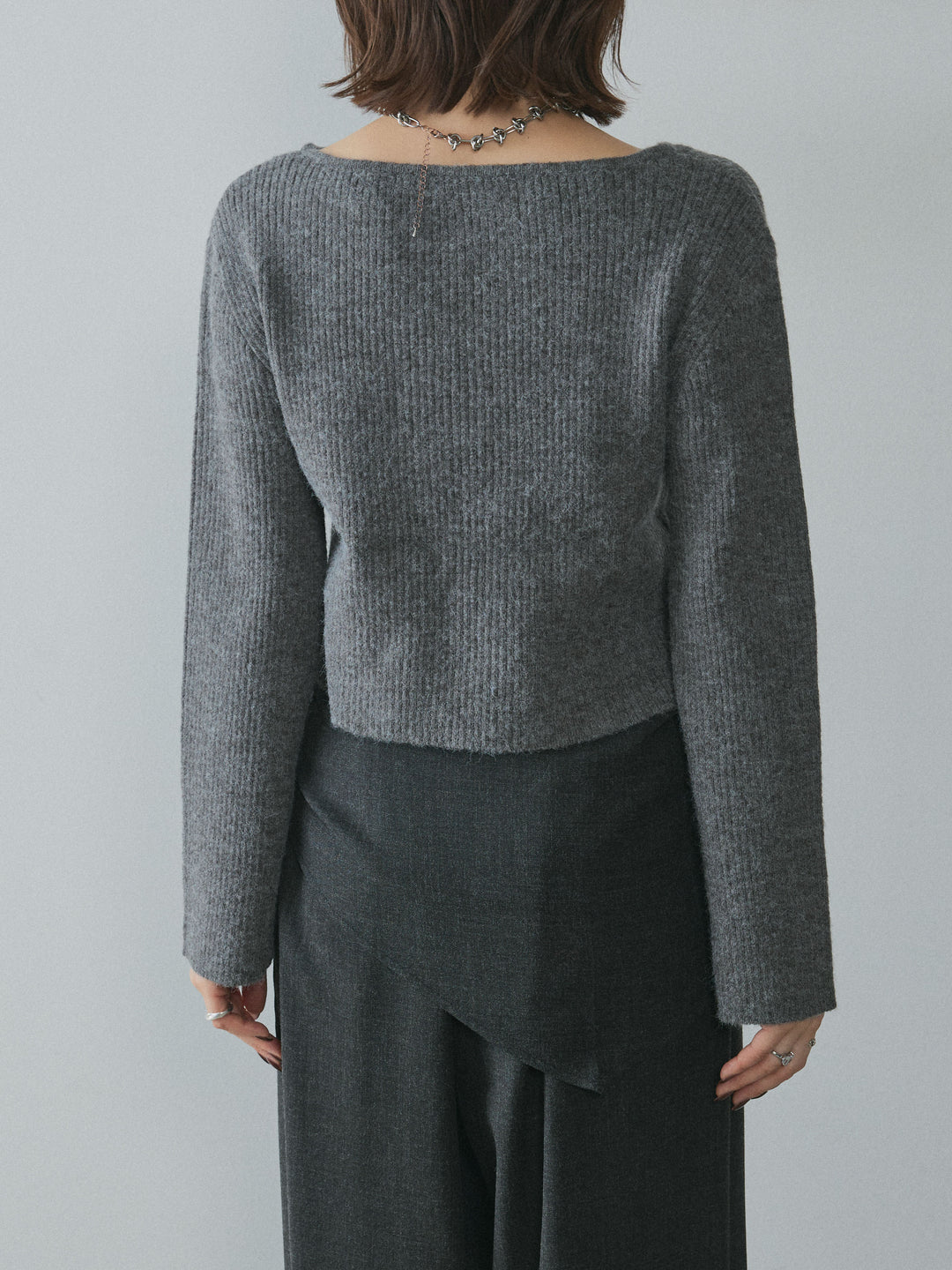 [予約]デザインショートニットカーディガン/charcoal