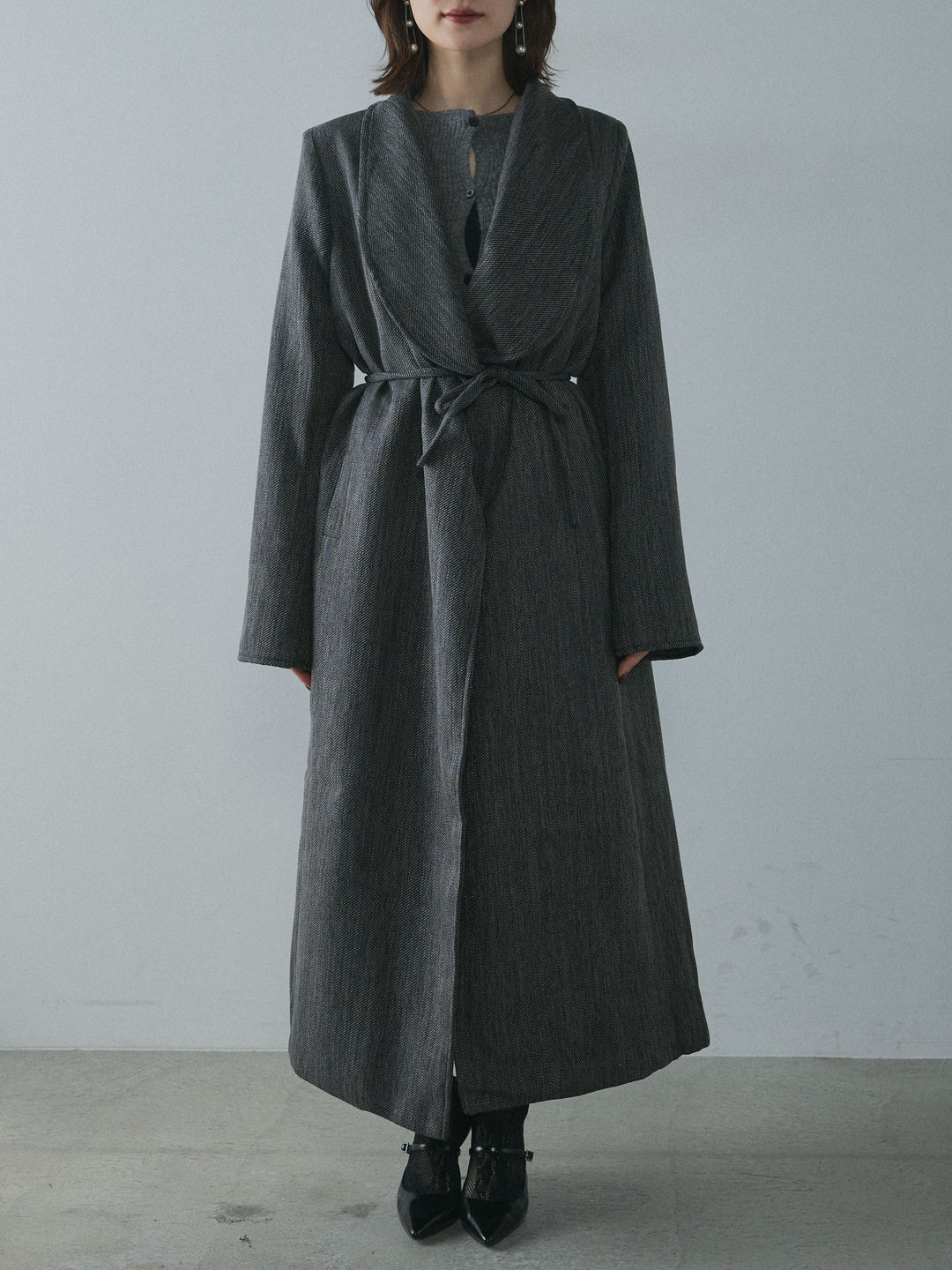 [予約]ツイードタッチロングコート/charcoal