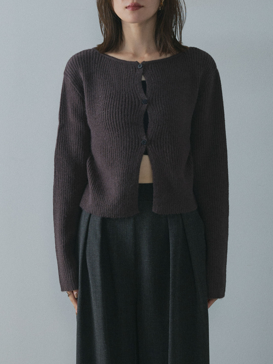[予約]デザインショートニットカーディガン/brown