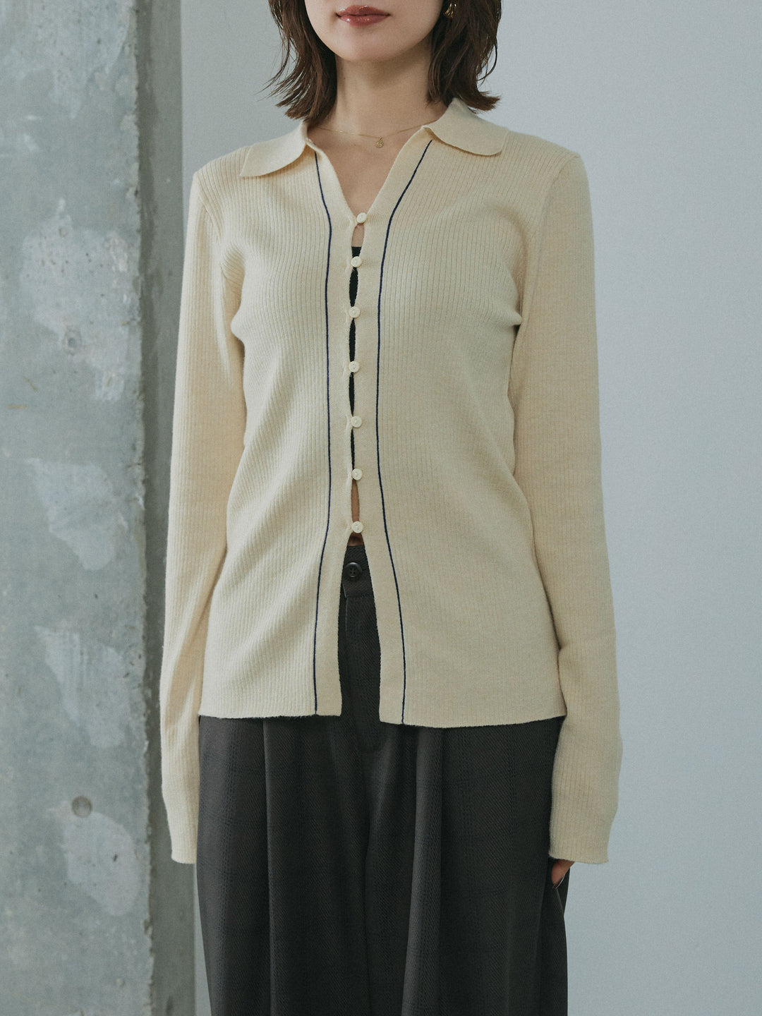 [予約]リブ配色ラインポロニットカーディガン/ivory