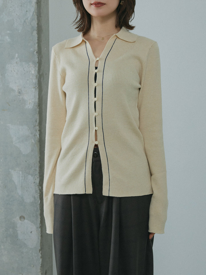 [予約]リブ配色ラインポロニットカーディガン/ivory