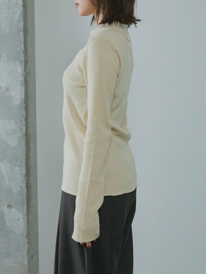 [予約]リブ配色ラインポロニットカーディガン/ivory