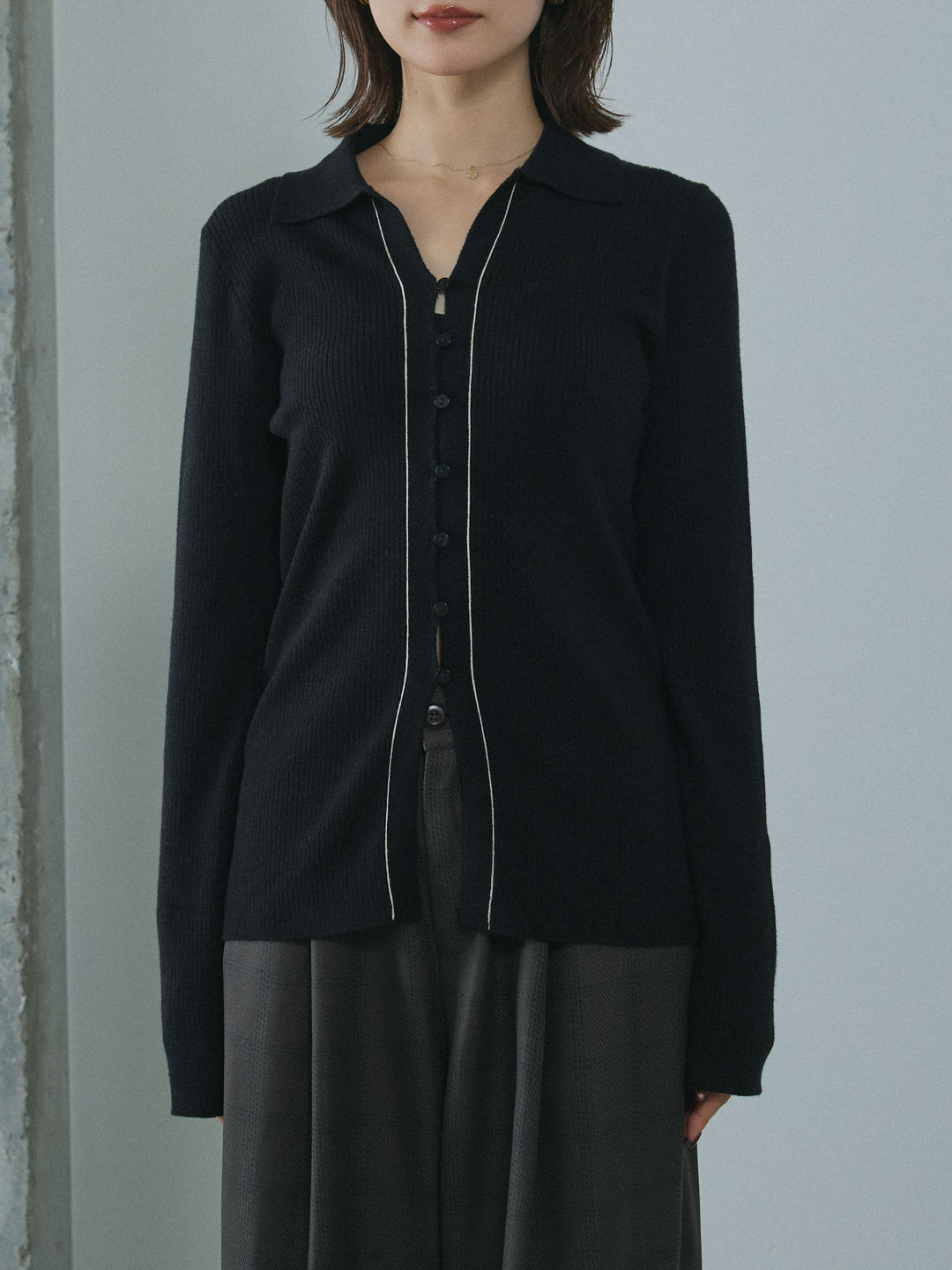 [予約]リブ配色ラインポロニットカーディガン/black