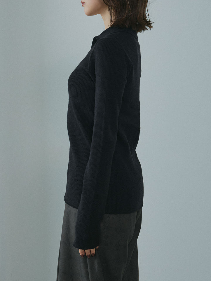 [予約]リブ配色ラインポロニットカーディガン/black