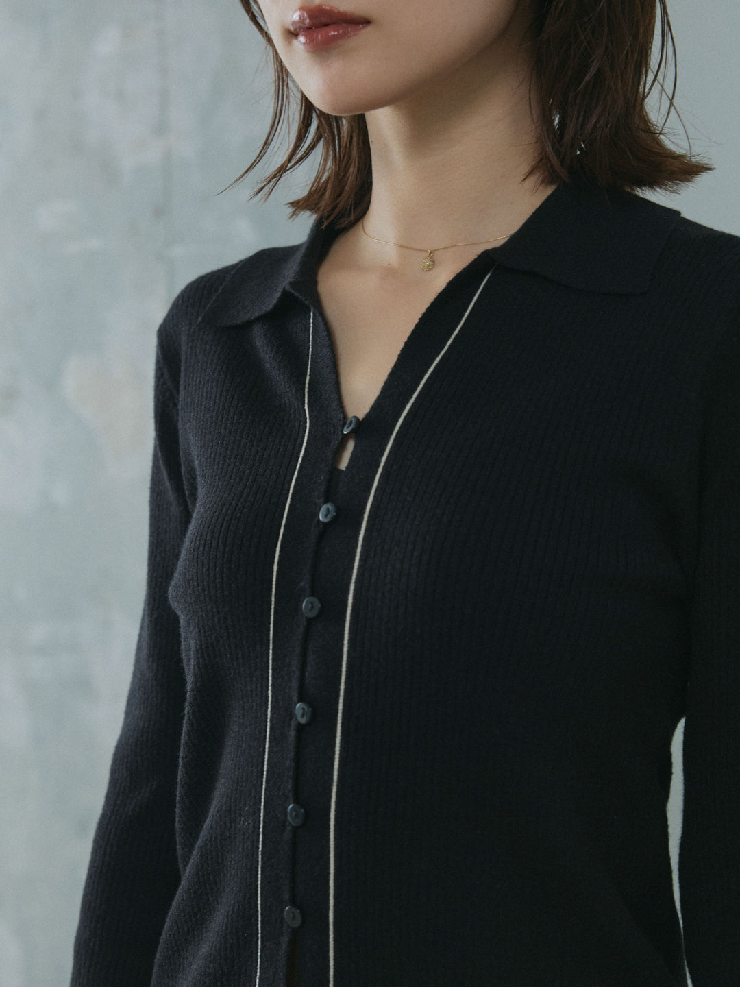 [予約]リブ配色ラインポロニットカーディガン/black