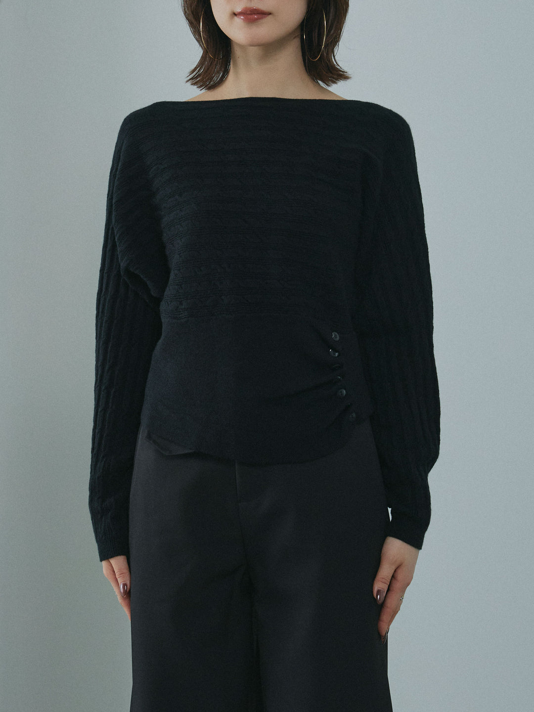 [予約]ワンショルケーブル編みニット/black