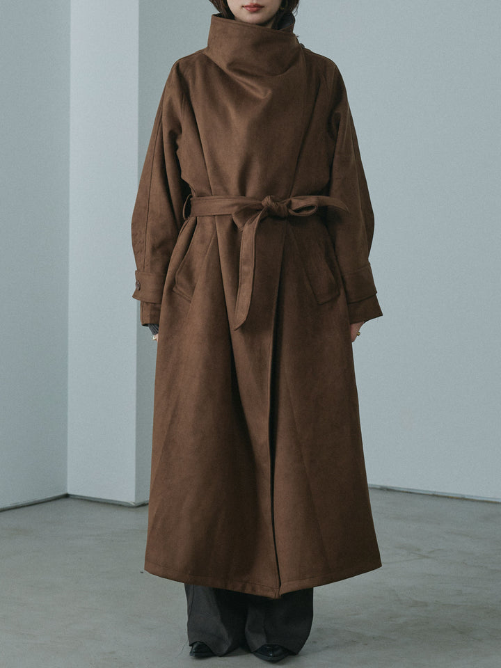 [予約]レザーカラースウェードロングコート/brown