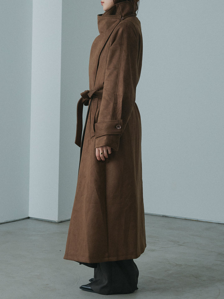 [予約]レザーカラースウェードロングコート/brown
