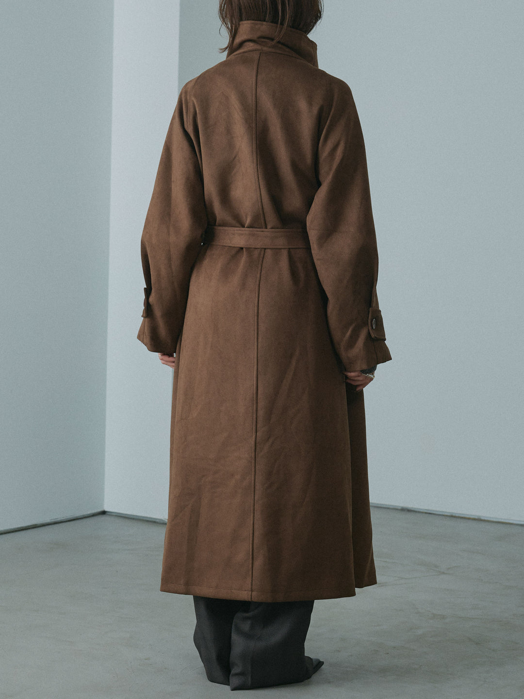 [予約]レザーカラースウェードロングコート/brown