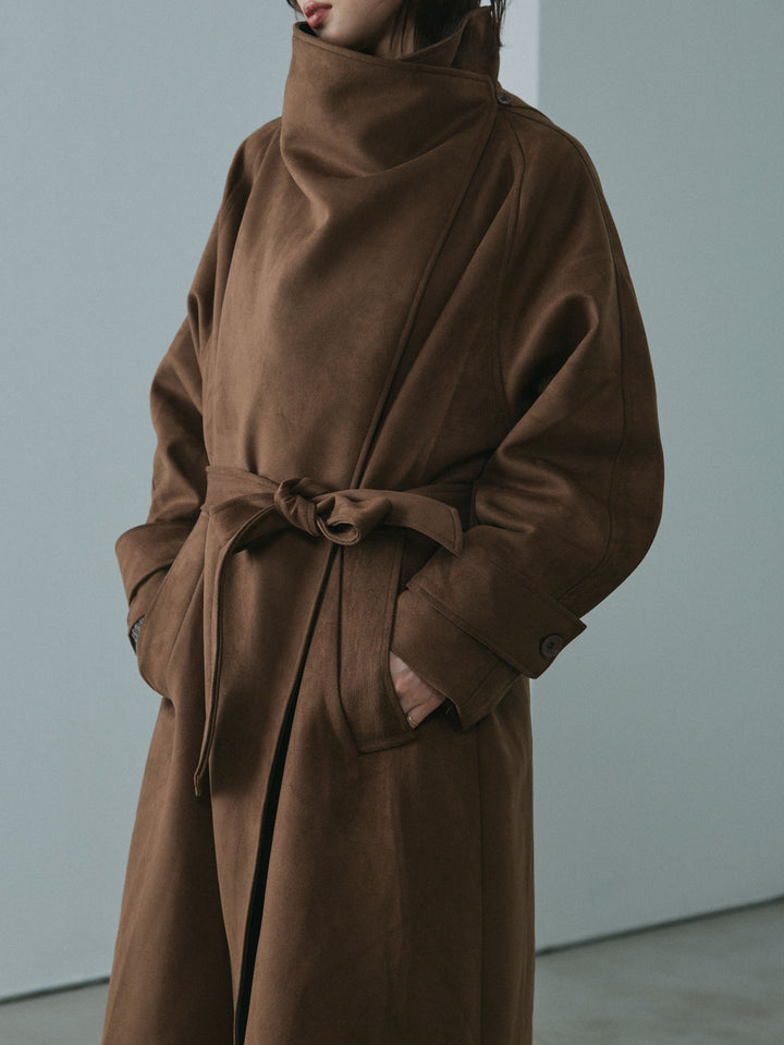 [予約]レザーカラースウェードロングコート/brown