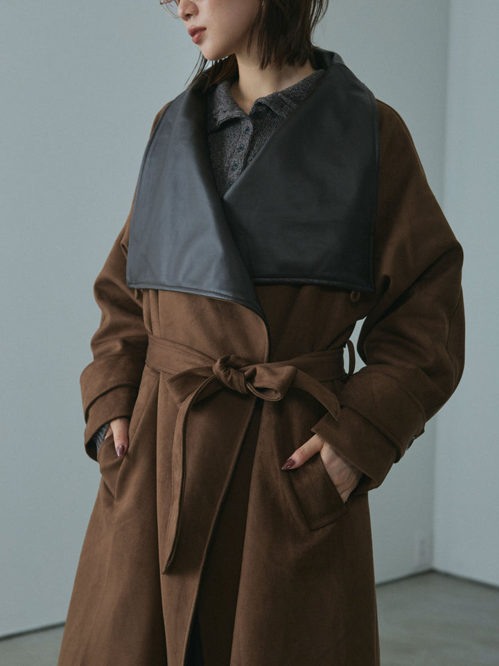 [予約]レザーカラースウェードロングコート/brown