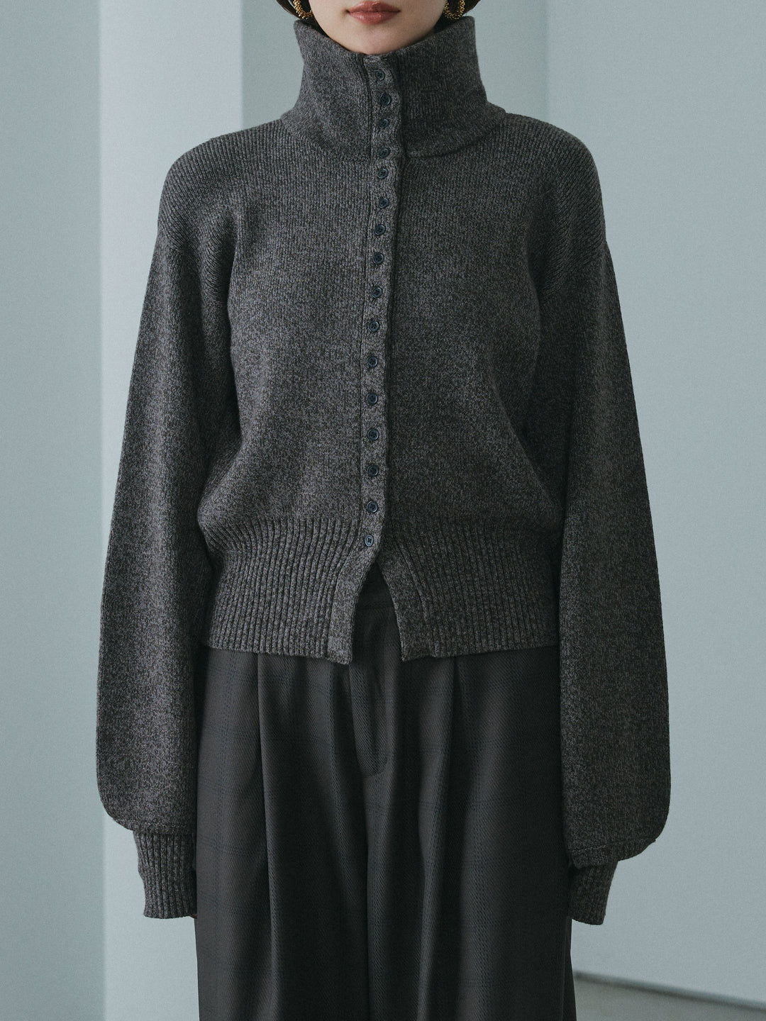 [予約]ミックスハイネックカーディガン/charcoal