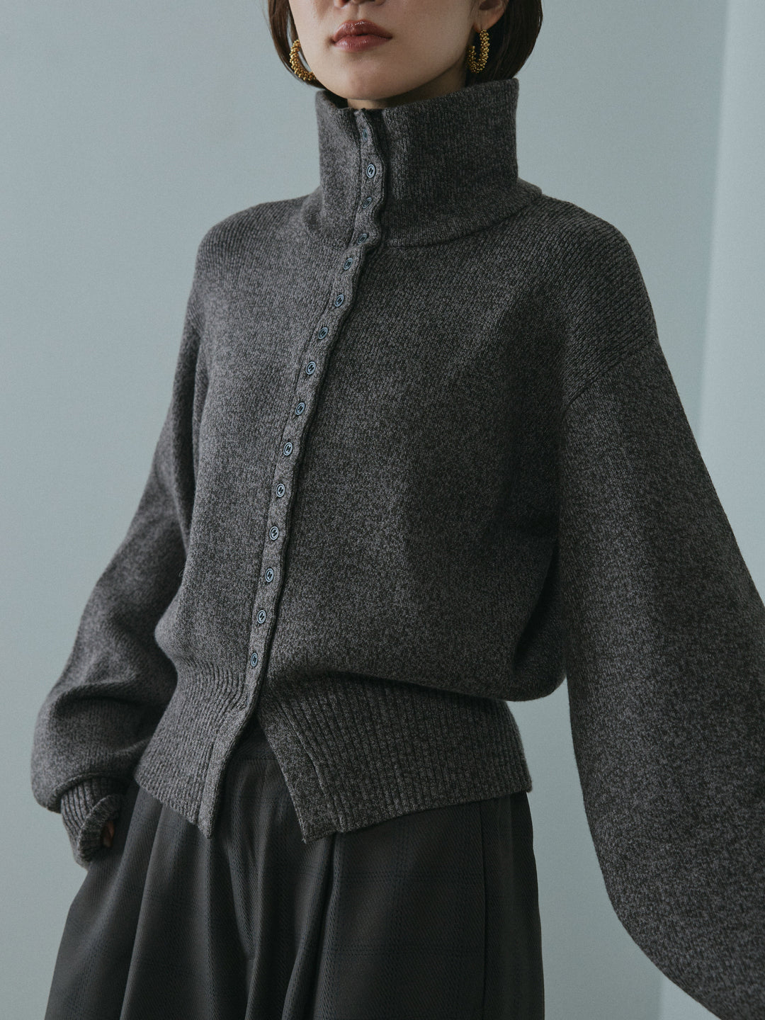 [予約]ミックスハイネックカーディガン/charcoal