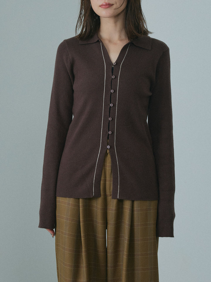 [予約]リブ配色ラインポロニットカーディガン/brown