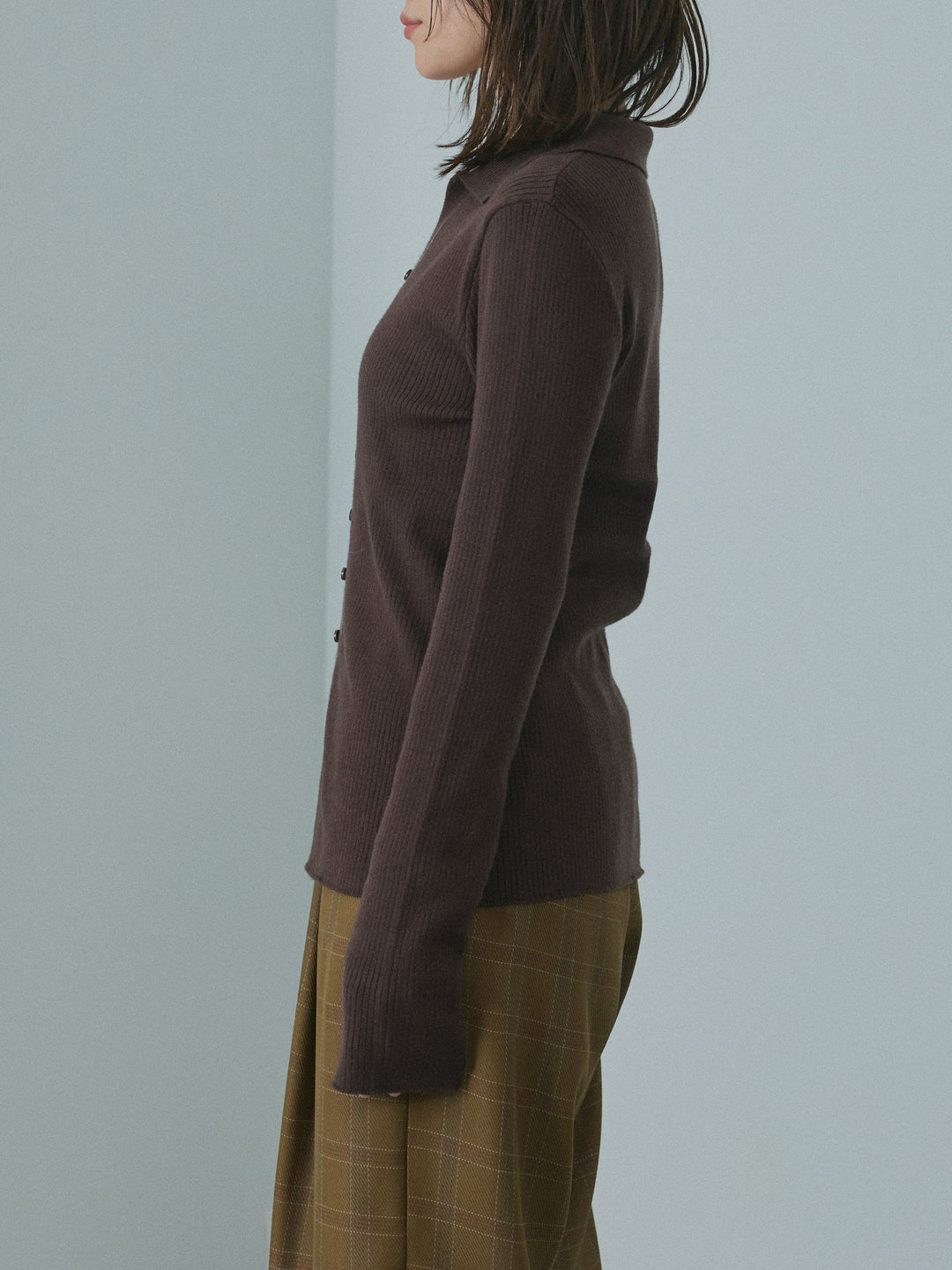 [予約]リブ配色ラインポロニットカーディガン/brown