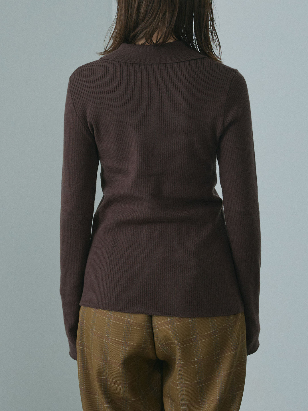 [予約]リブ配色ラインポロニットカーディガン/brown