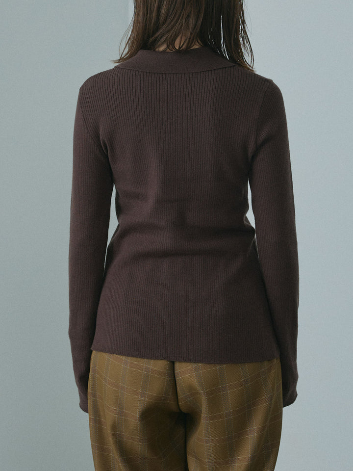 [予約]リブ配色ラインポロニットカーディガン/brown