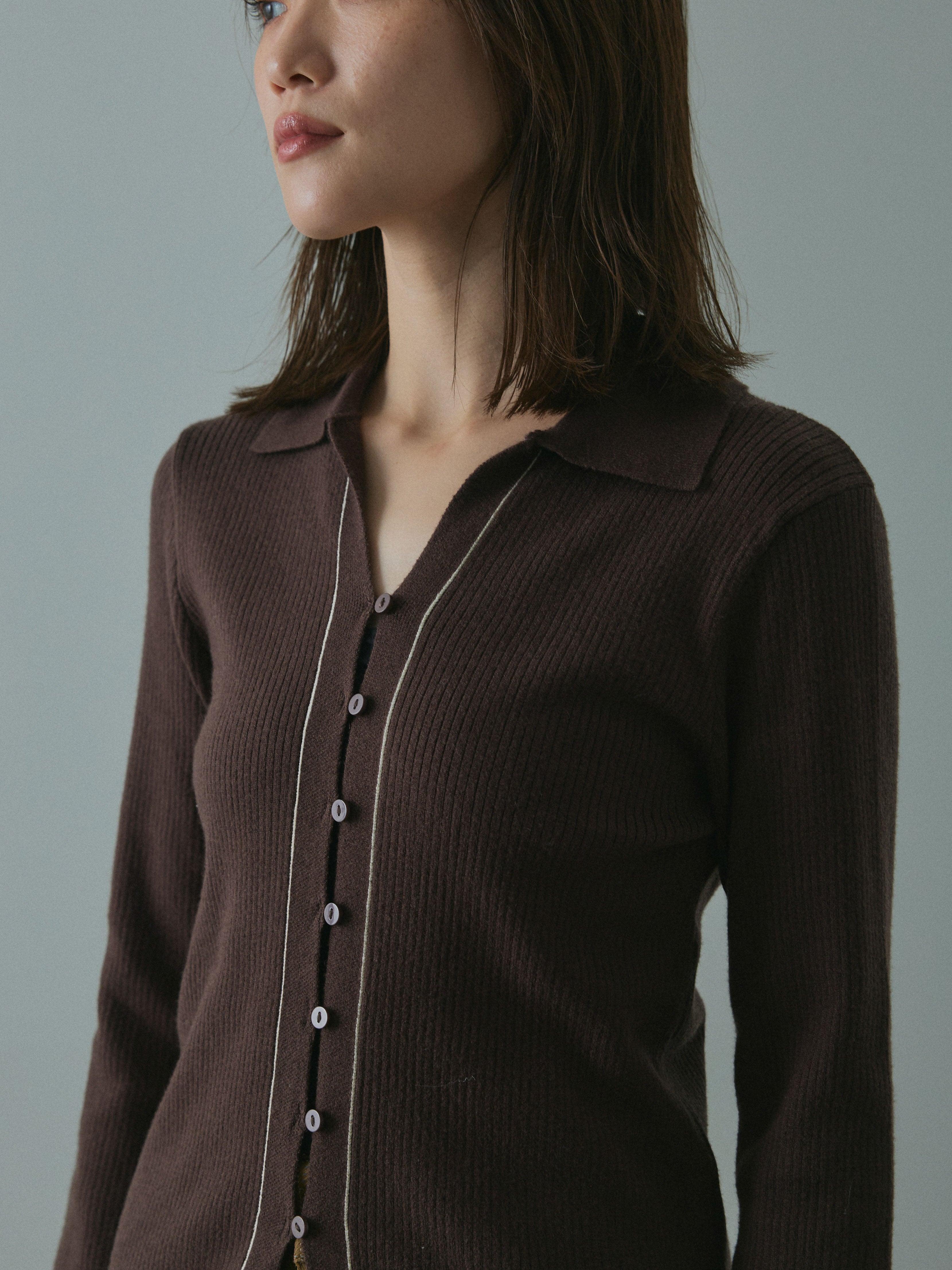 予約]リブ配色ラインポロニットカーディガン/brown – Lumier
