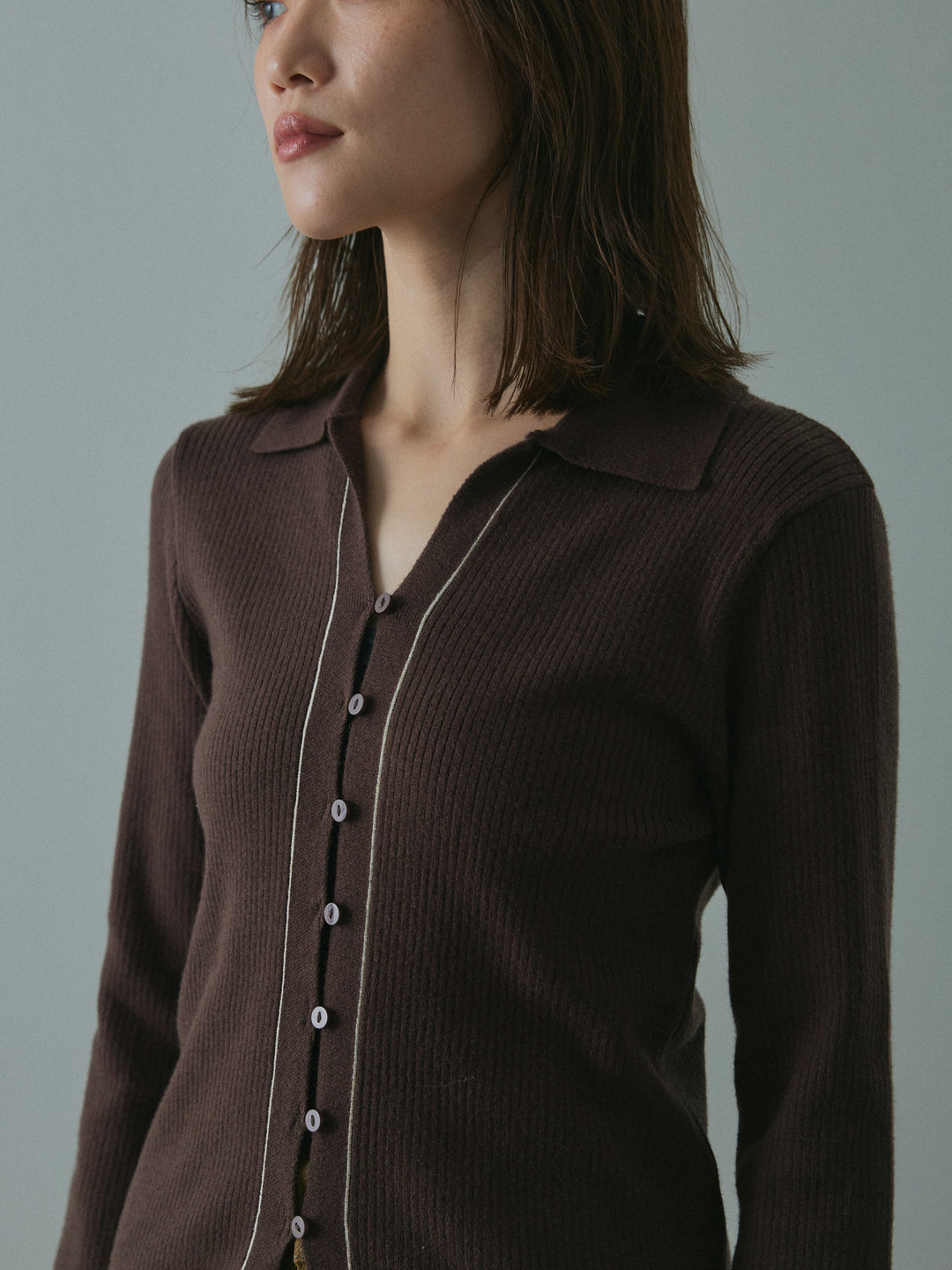[予約]リブ配色ラインポロニットカーディガン/brown