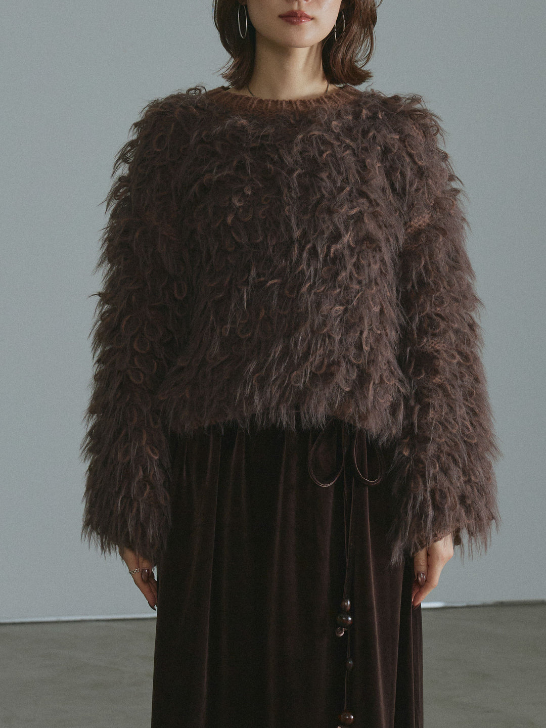[予約]ミックスシャギーループニットプルオーバー/brown