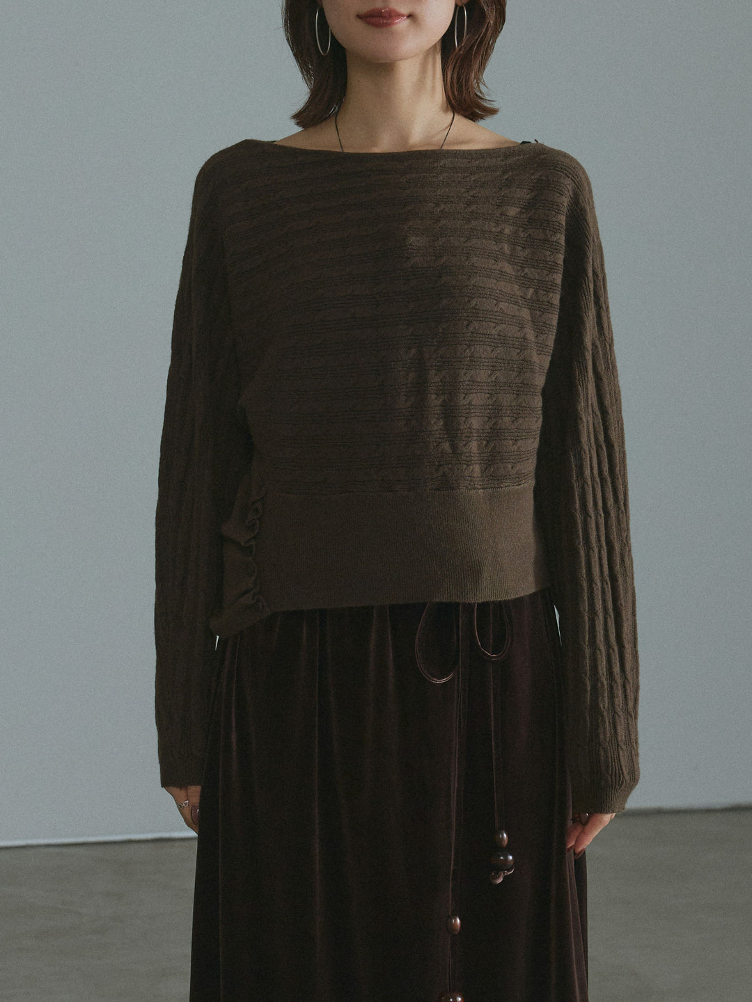 [予約]ワンショルケーブル編みニット/brown