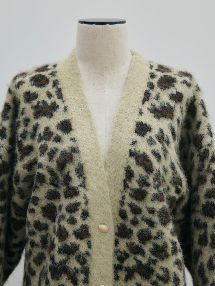 【Allure】[SET]レオパードシャギーニットカーディガン+ウールタッチフレアスカート(2set)