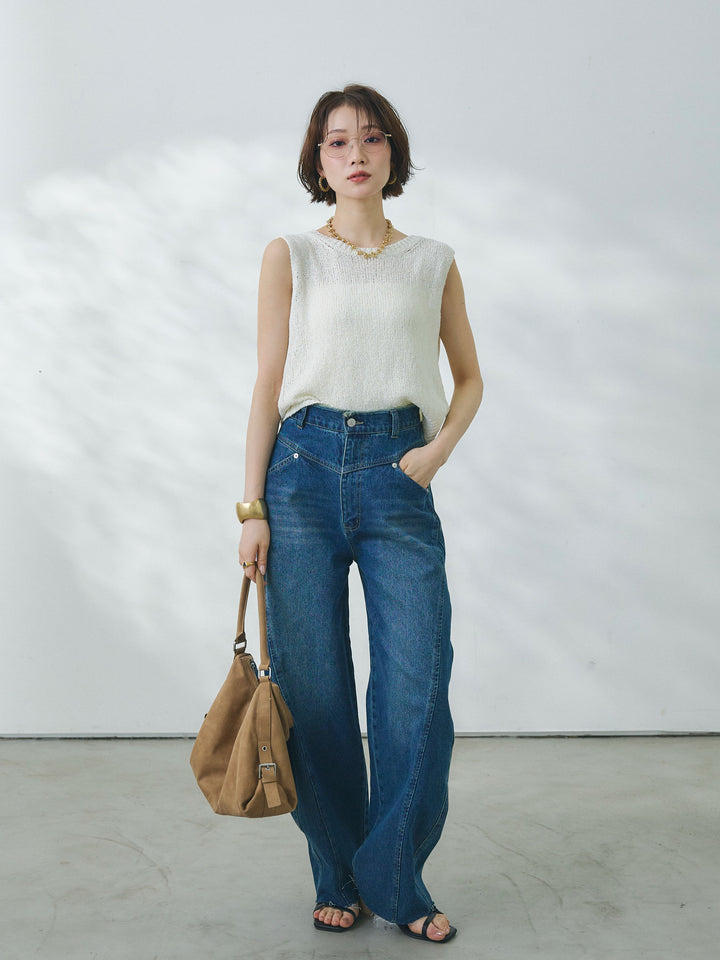 【Allure】[SET]スリーブレスバックスリットニットプルオーバー+ウエストフリンジカットオフカーブデニムパンツ(2set)