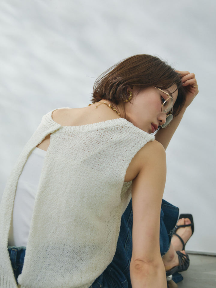 【Allure】[SET]スリーブレスバックスリットニットプルオーバー+ウエストフリンジカットオフカーブデニムパンツ(2set)