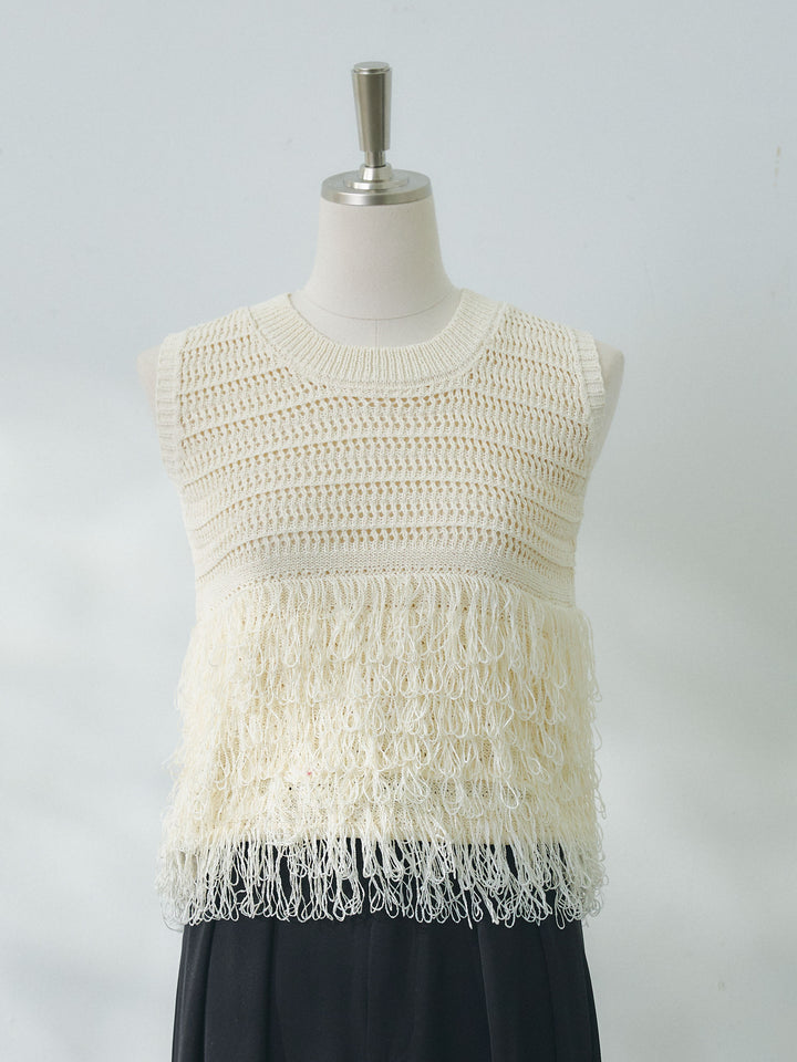 【Allure】[SET]フリンジクロップドニットベスト+ボタニカルプリントイージーパンツ(2set)