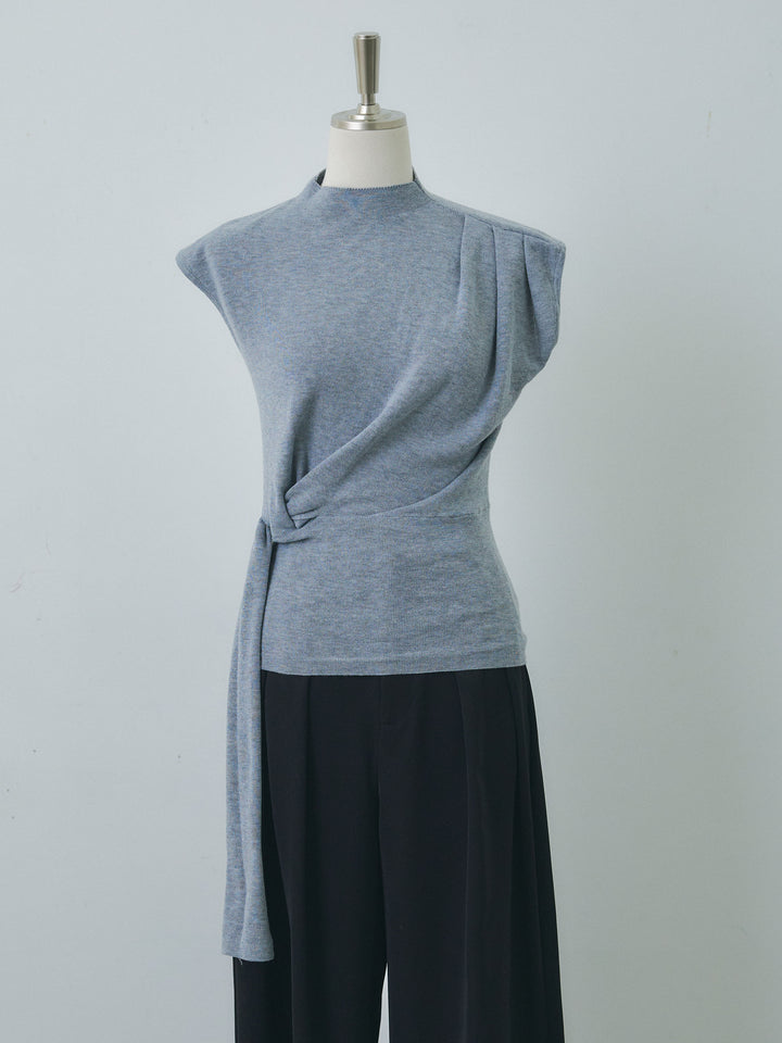 [予約]サイドベルトボトルネックノースリーブニットトップス/gray