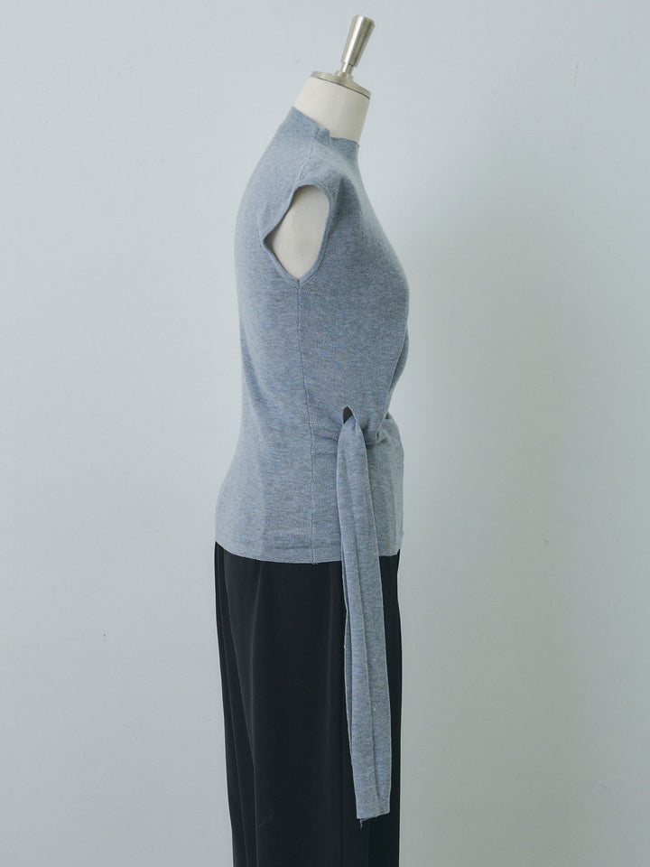 [予約]サイドベルトボトルネックノースリーブニットトップス/gray