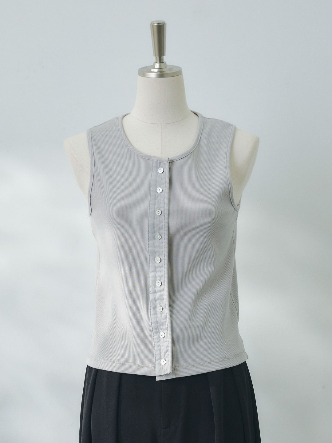 【Allure】[SET]フロントボタンテレコリブタンクトップ+カットオフコットンツイルタックワイドパンツ(2set)