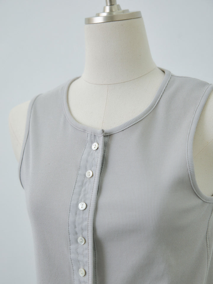 【Allure】[SET]フロントボタンテレコリブタンクトップ+カットオフコットンツイルタックワイドパンツ(2set)