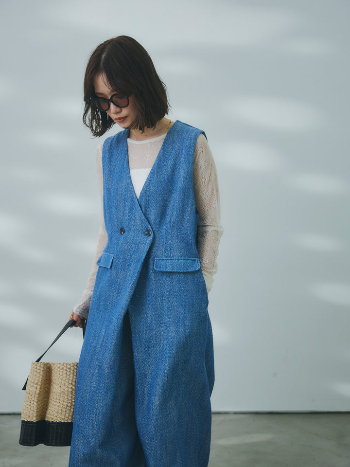 【Allure】[SET]デニムライクヘリンボーンサロペット+ネットレーストップス(2set)