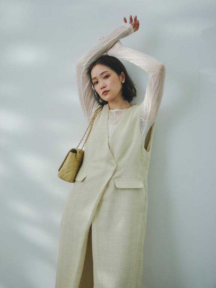 【Allure】[SET]デニムライクヘリンボーンサロペット+ネットレーストップス(2set)