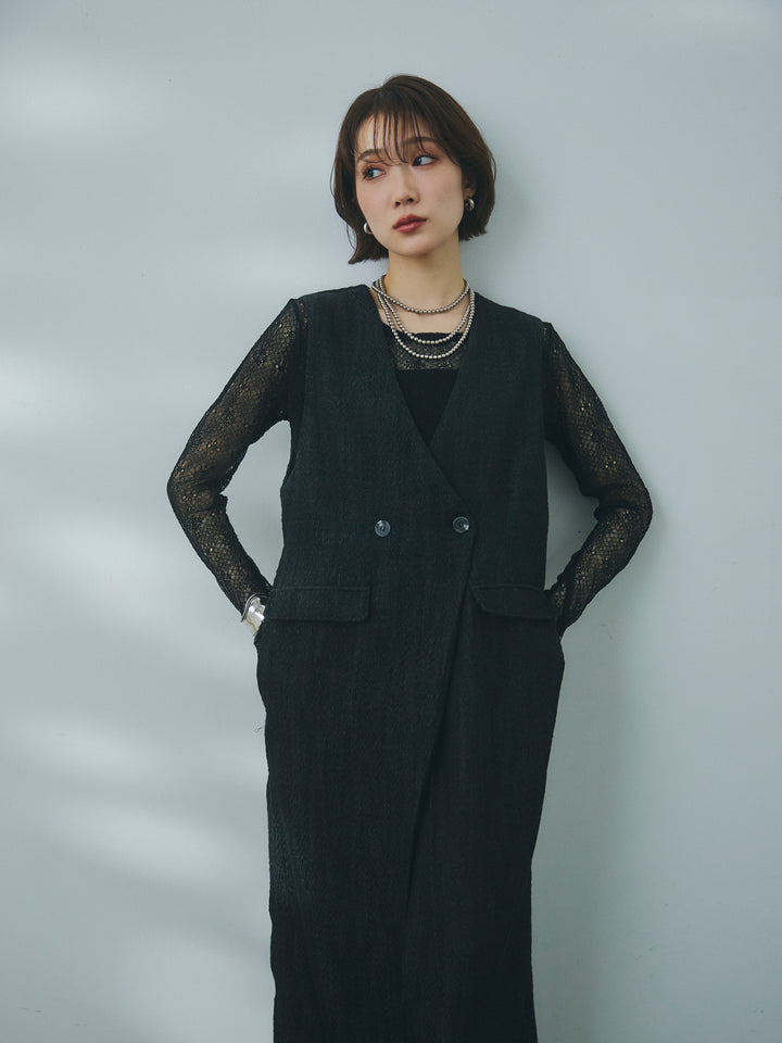 【Allure】[SET]デニムライクヘリンボーンサロペット+ネットレーストップス(2set)