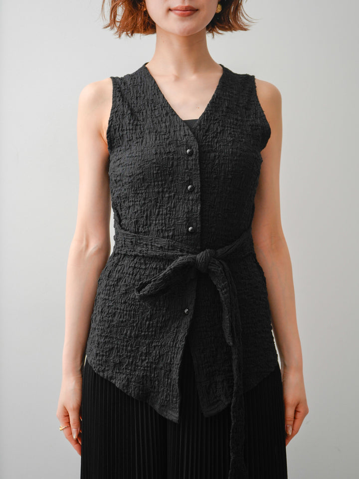 [予約]シャーリングウエストリボンVネックトップス/black