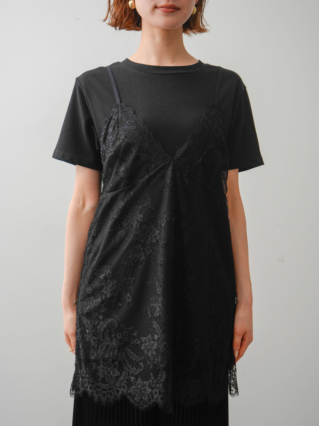 [予約]レースキャミチュニックレイヤードTEE/black