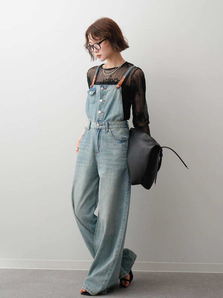 [予約]レザーコンビストラップデニムサロペット/lightblue