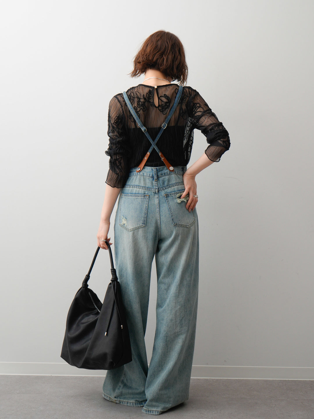 [予約]レザーコンビストラップデニムサロペット/lightblue